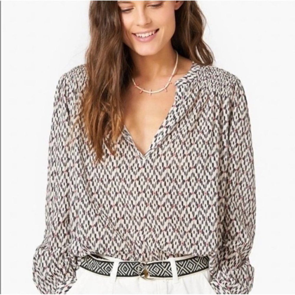 Xirena Aimi V-Neck Popover Printed Lightweight Blouse Small Chalk Boho Casual